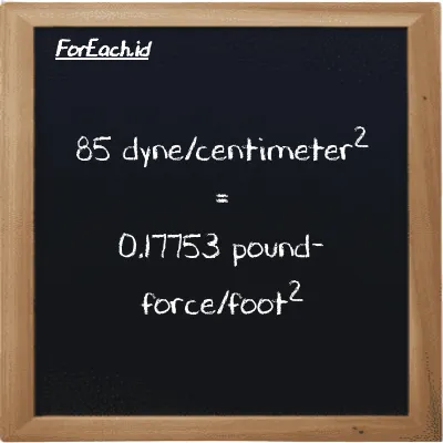 How to convert dyne/centimeter<sup>2</sup> to pound-force/foot<sup>2</sup>: 85 dyne/centimeter<sup>2</sup> (dyn/cm<sup>2</sup>) is equivalent to 85 times 0.0020885 pound-force/foot<sup>2</sup> (lbf/ft<sup>2</sup>)